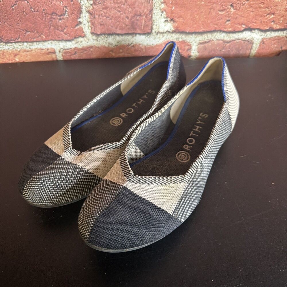 Rothy’s Captoe Black Cream Buffalo Plaid Slip On Flats Shoes Women’s Size 9.5